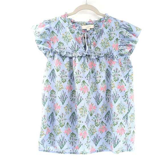 Loft Blue Floral Ruffle Short Sleeve Whimsical Floral Flowy Tie Blouse Size L - Picture 1 of 6